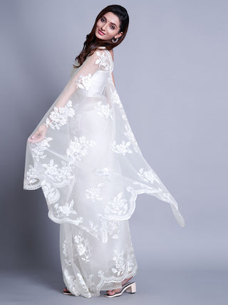 Mitera White Ethnic Motifs Embroidered Net Saree - Distacart