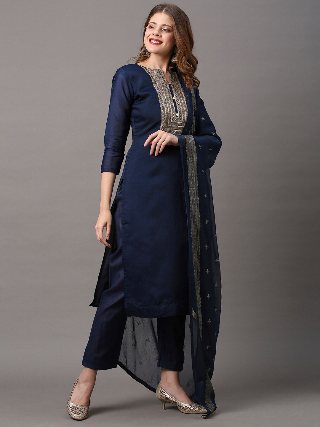 Saree Mall Navy Blue & Gold-Toned Embroidered Unstitched Dress Material - Distacart
