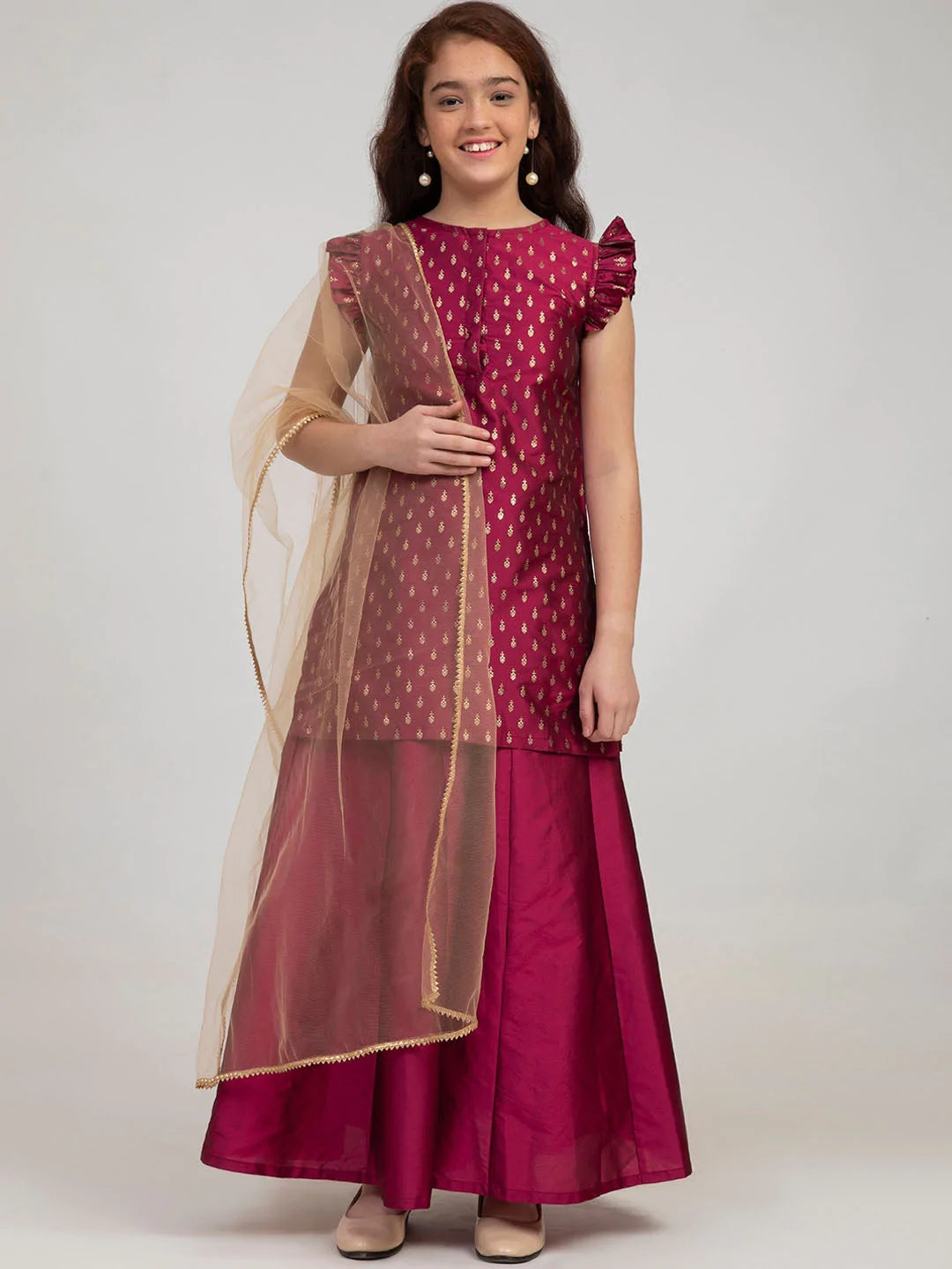 NOZ2TOZ Burgundy Embroidered Kurta with Sharara & With Dupatta For Girls - Distacart