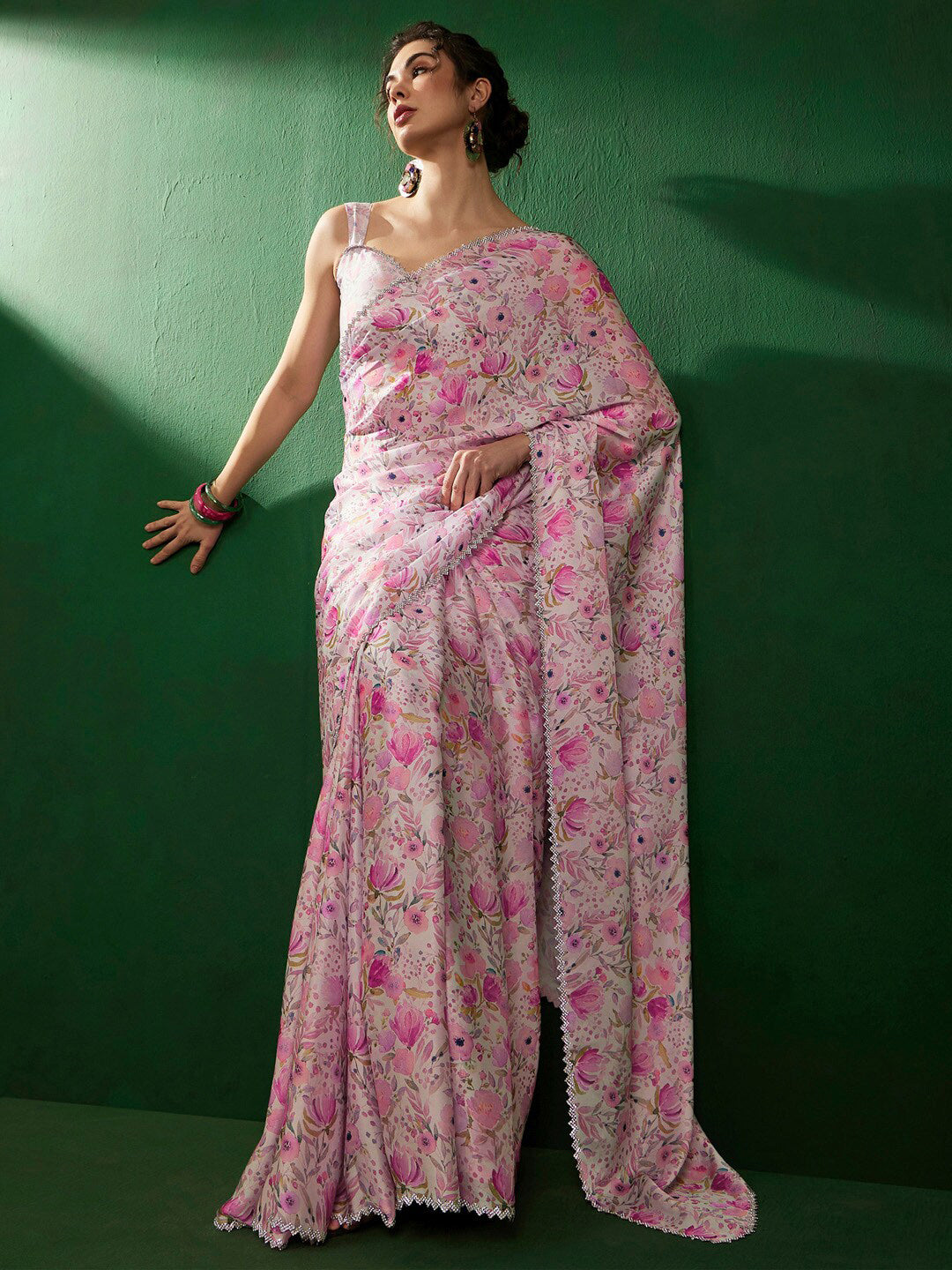 Sangria Floral Embellished Satin Saree - Distacart
