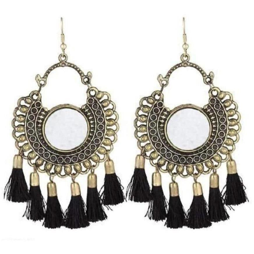 German Silver Mirror Style Black Color Threads Chandbali Earrings