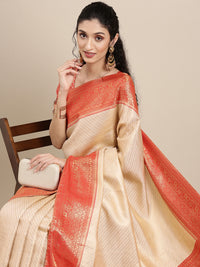 Thumbnail for Saree Mall Off White & Red Woven Design Zari Silk Blend Banarasi Saree - Distacart
