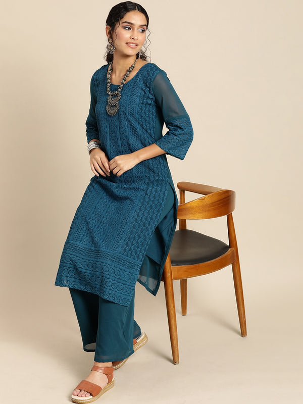 Sangria Women Teal Blue Ethnic Motifs Chikankari Kurta with Palazzos - Distacart