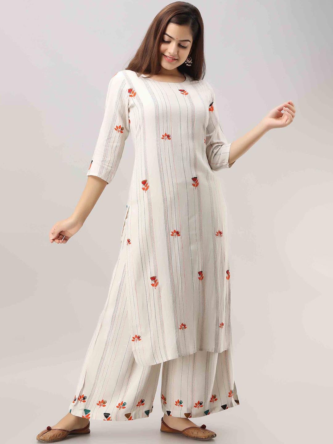 Kalini Women White Embroidered Thread Work Kurta with Palazzo - Distacart