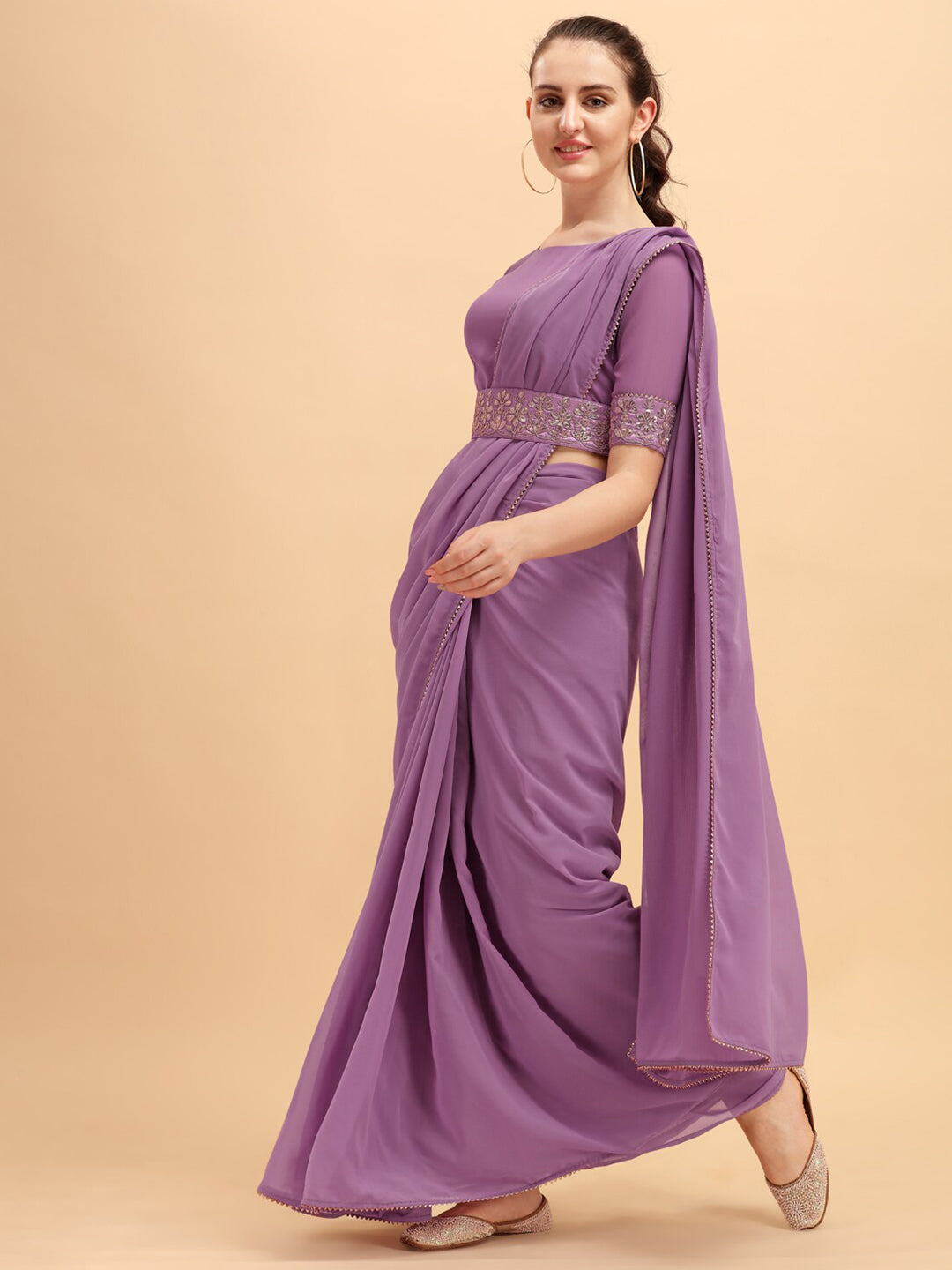 Sangria Women Purple Solid Georgette Saree with Embellished Belt - Distacart