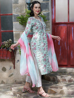 Thumbnail for Sangria Printed Pure Cotton Straight Kurta With Trouser & Dupatta - Distacart