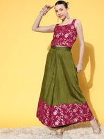 Thumbnail for InWeave Women's Pink Brocade Strappy Top W Olive Pink Brocade Palazzo Set - Distacart