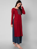 Thumbnail for Kalini Women Maroon & blue Ethnic Motifs Embroidered Mirror Work Kurta with Palazzos - Distacart