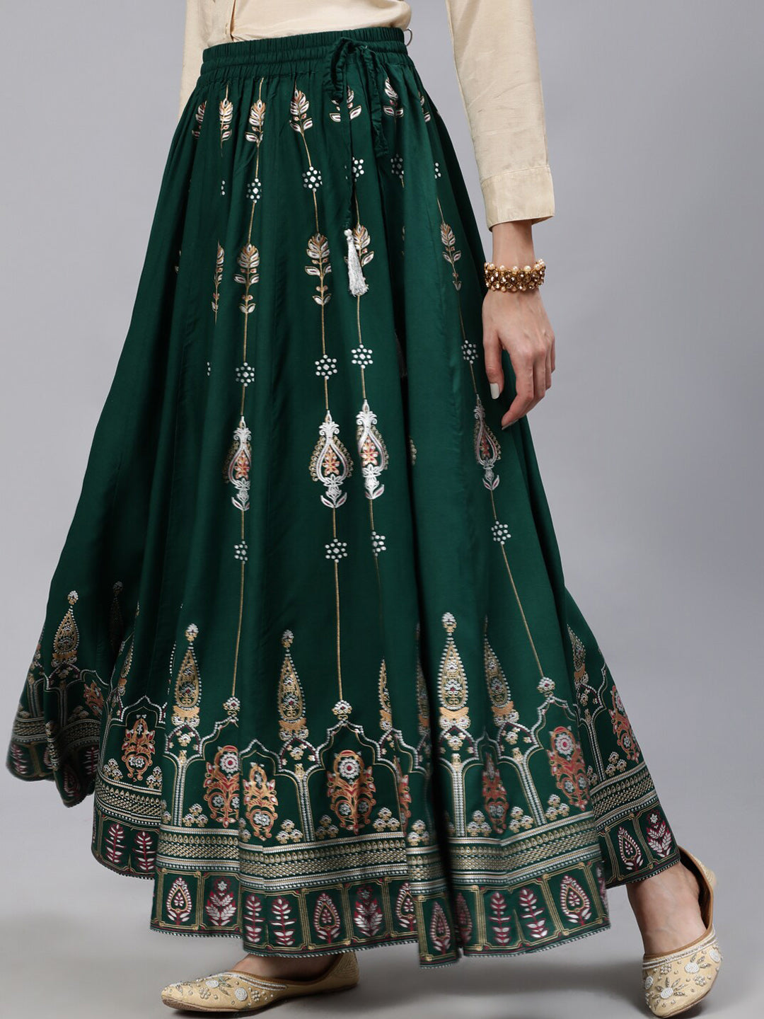 Jaipur Kurti Women Green & Peach-Colored Printed Flared Maxi Skirt - Distacart