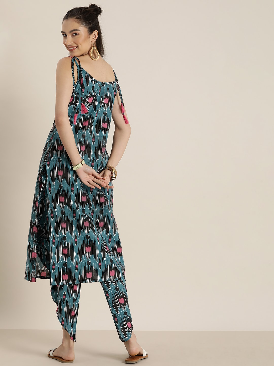 Sangria Women Blue & Pink Printed Pure Cotton Kurta with Dhoti Pants - Distacart