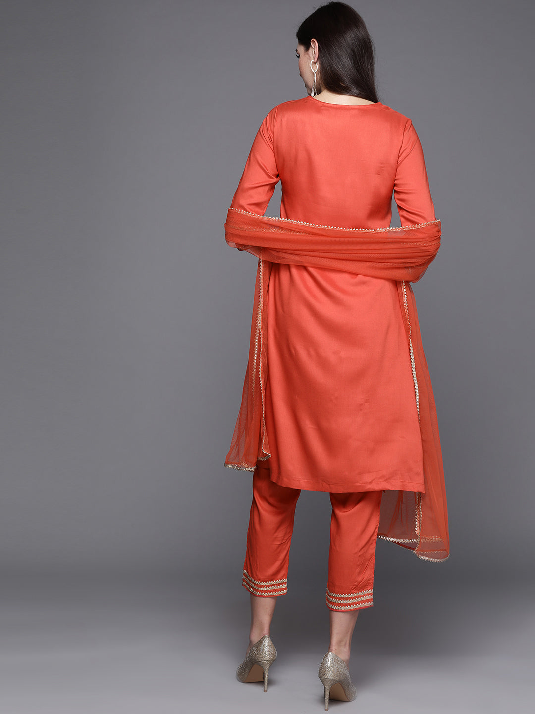 Biba Women Orange Embroidered Kurta with Trousers & Dupatta - Distacart