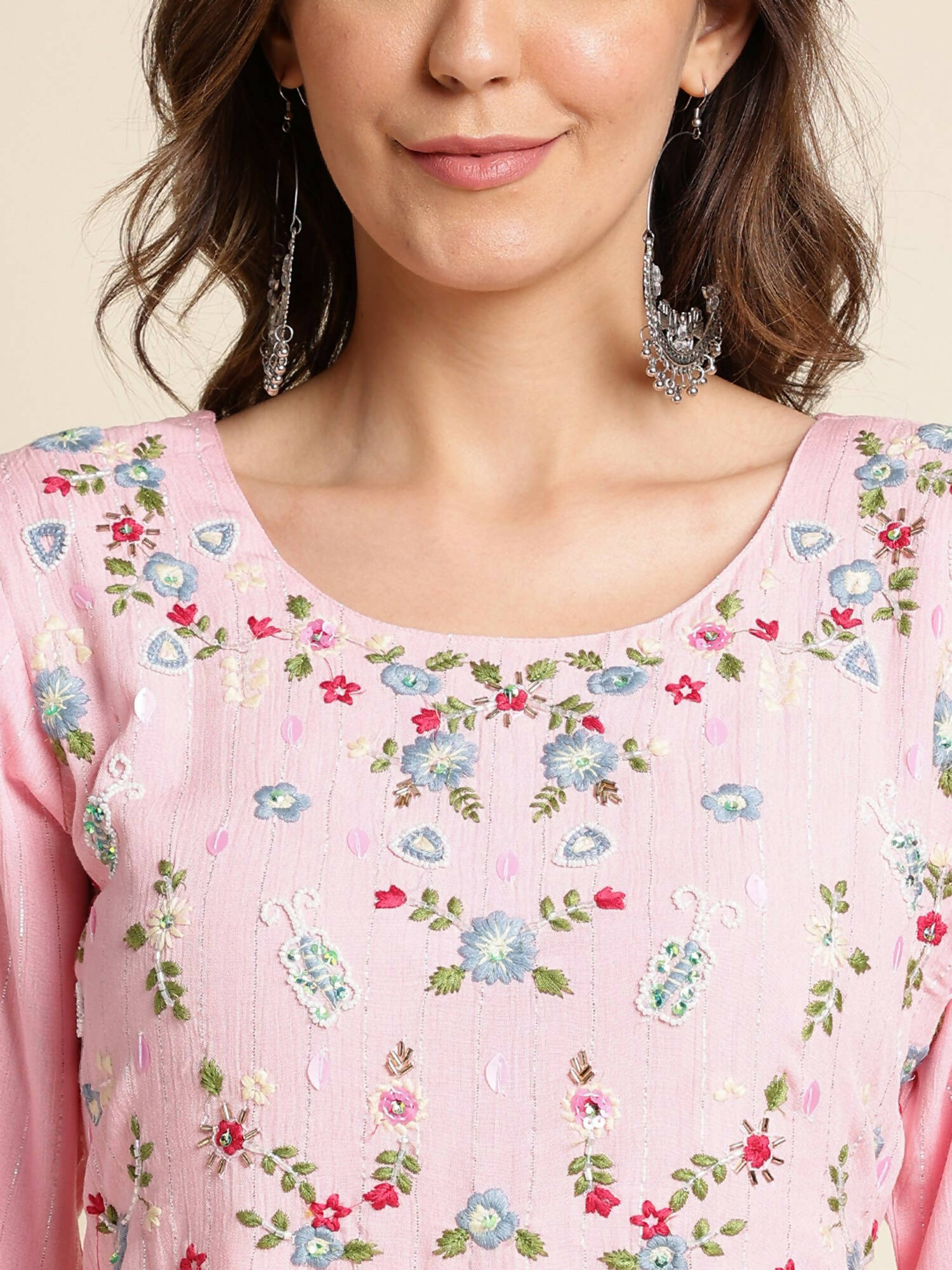 Pink Chinon Floral Embroidered Dress - Nandani - Distacart