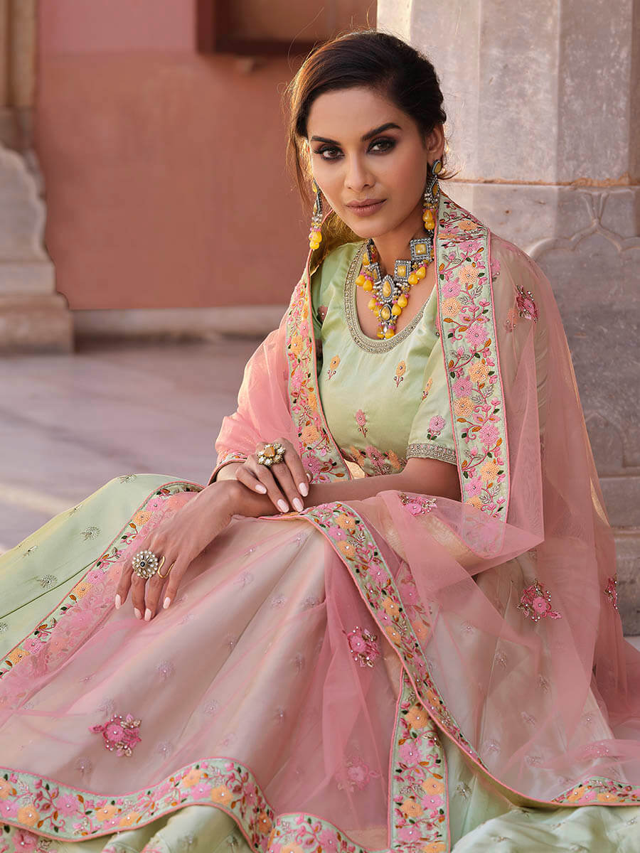 Myra Pista Green Embroidered Designer Lehenga Choli - Distacart