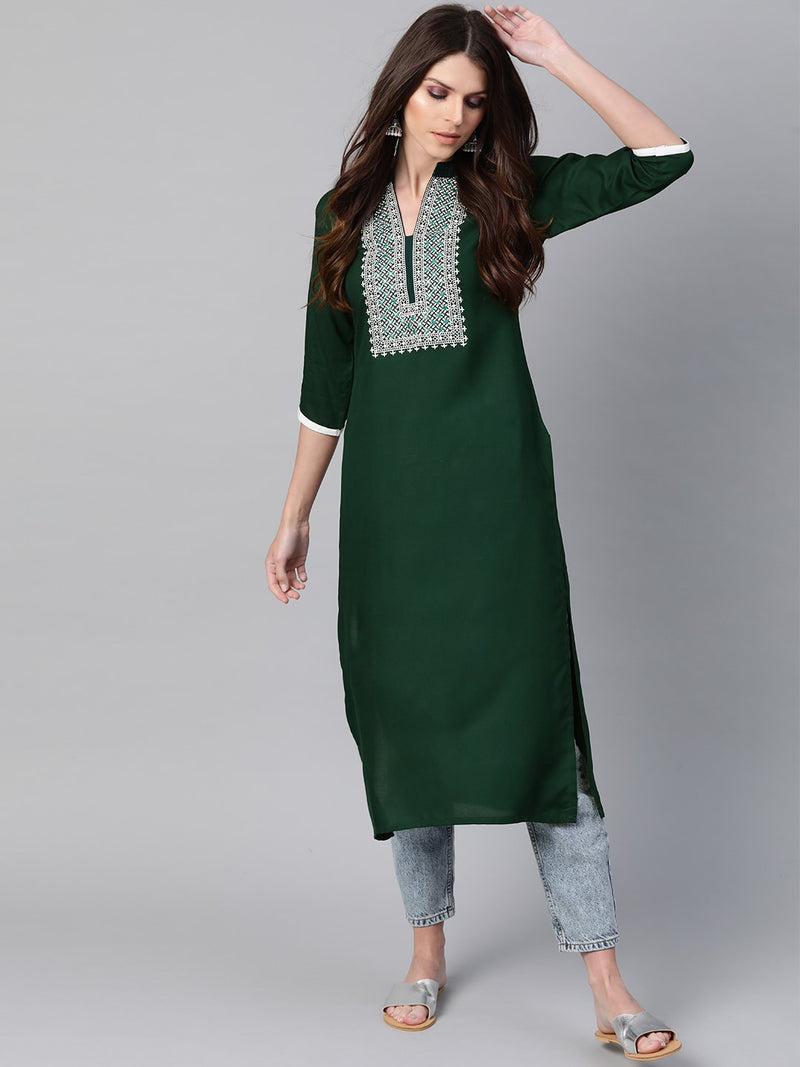Libas Green &amp; Off-White Yoke Design Straight Kurta - Distacart