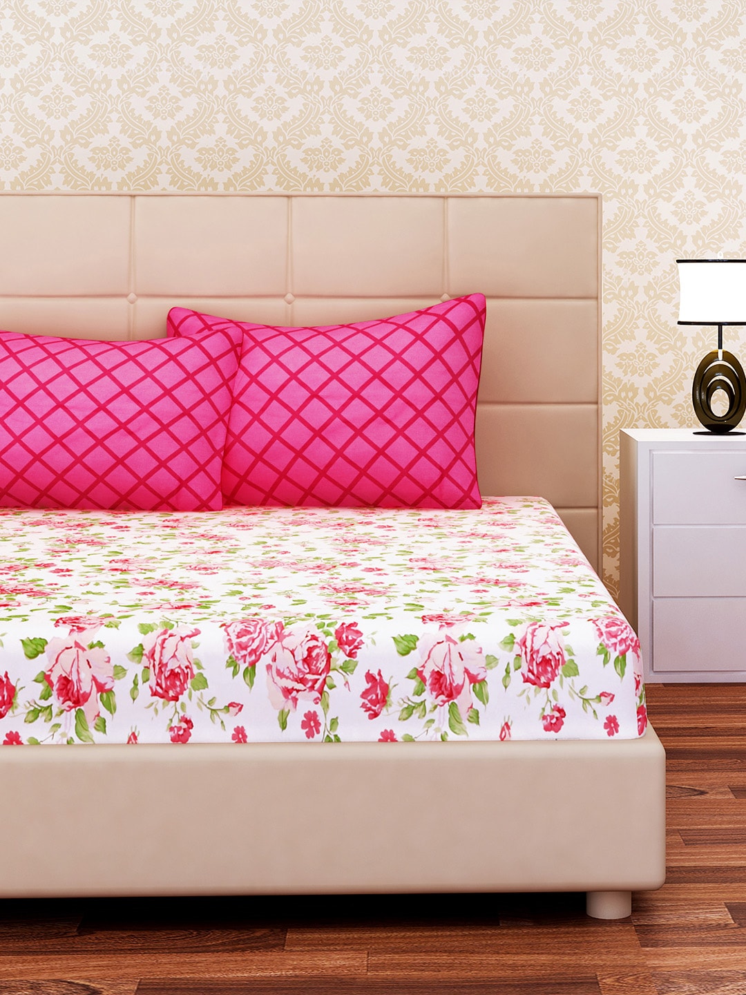 SEJ by Nisha Gupta White & Pink Floral 144 TC Cotton 1 King Bedsheet with 2 Pillow Covers - Distacart