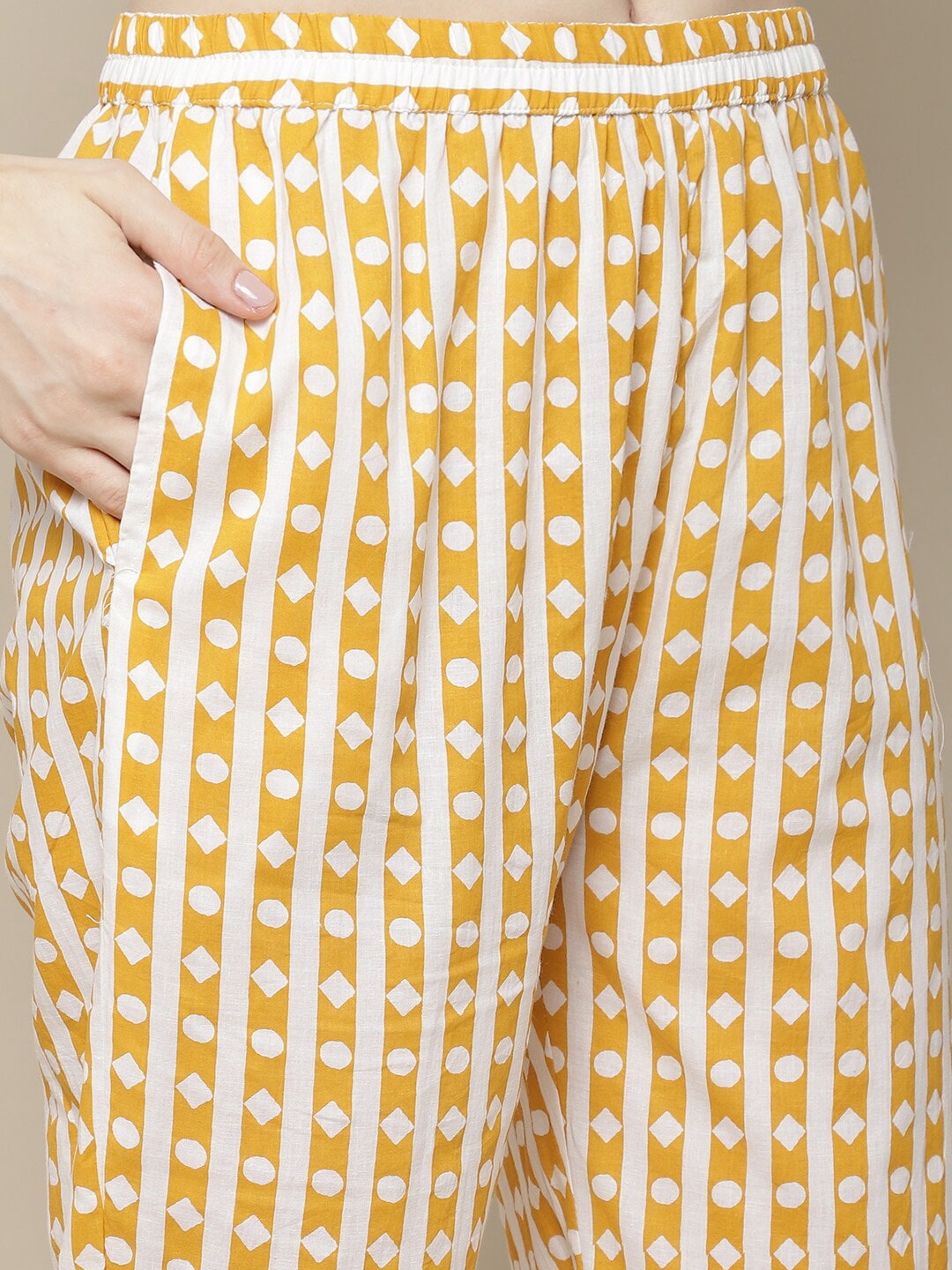 Sangria Women Yellow Printed Pure Cotton Kurti with Trousers & Dupatta Set - Distacart