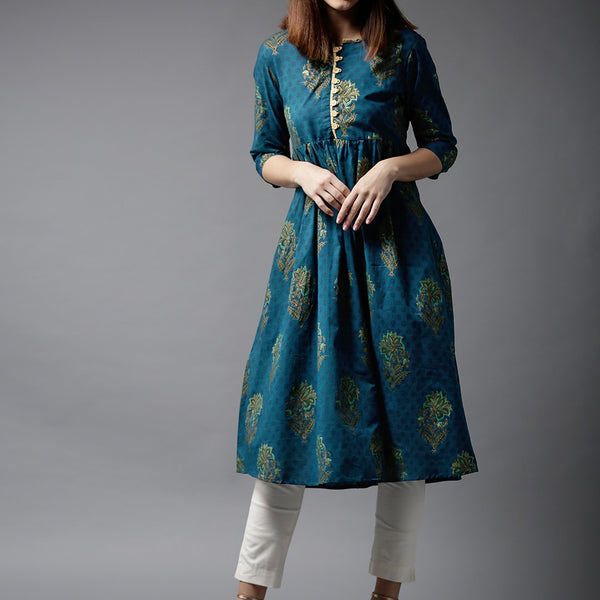 HERE&NOW Women Teal & Green Printed A-Line Kurta - Distacart