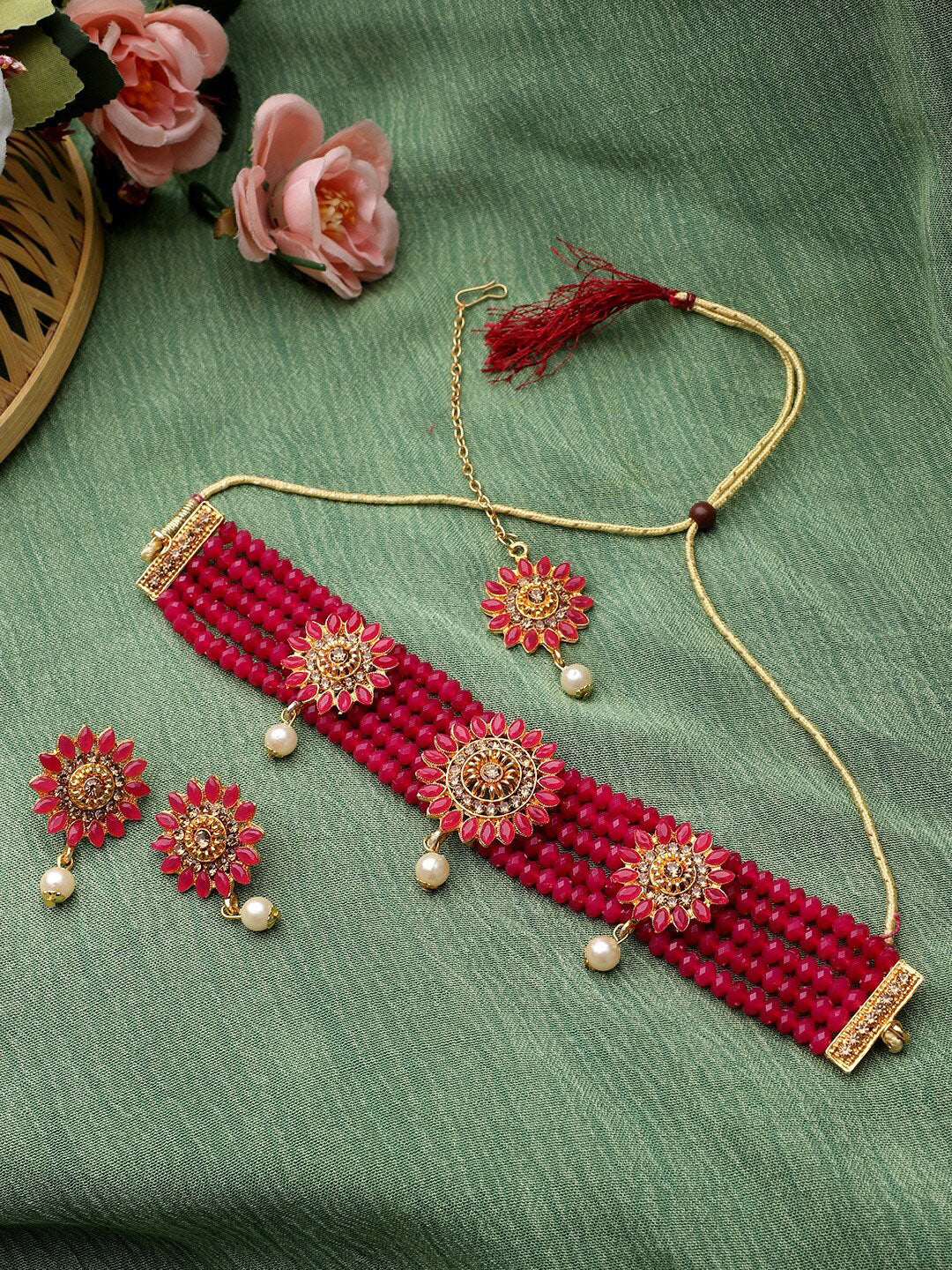 Cardinal Gold-Toned & Pink Onyx-Studded & Beaded Jewellery Set - Distacart