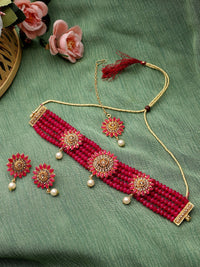 Thumbnail for Cardinal Gold-Toned & Pink Onyx-Studded & Beaded Jewellery Set - Distacart