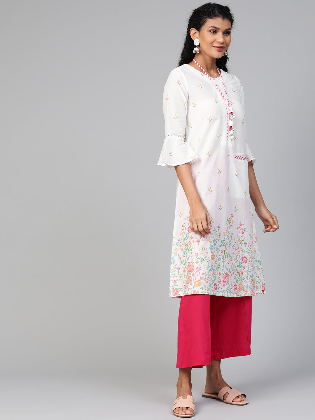 Biba Women White & Mustard Yellow Floral Printed A-Line Kurta With Neck Piece - Distacart