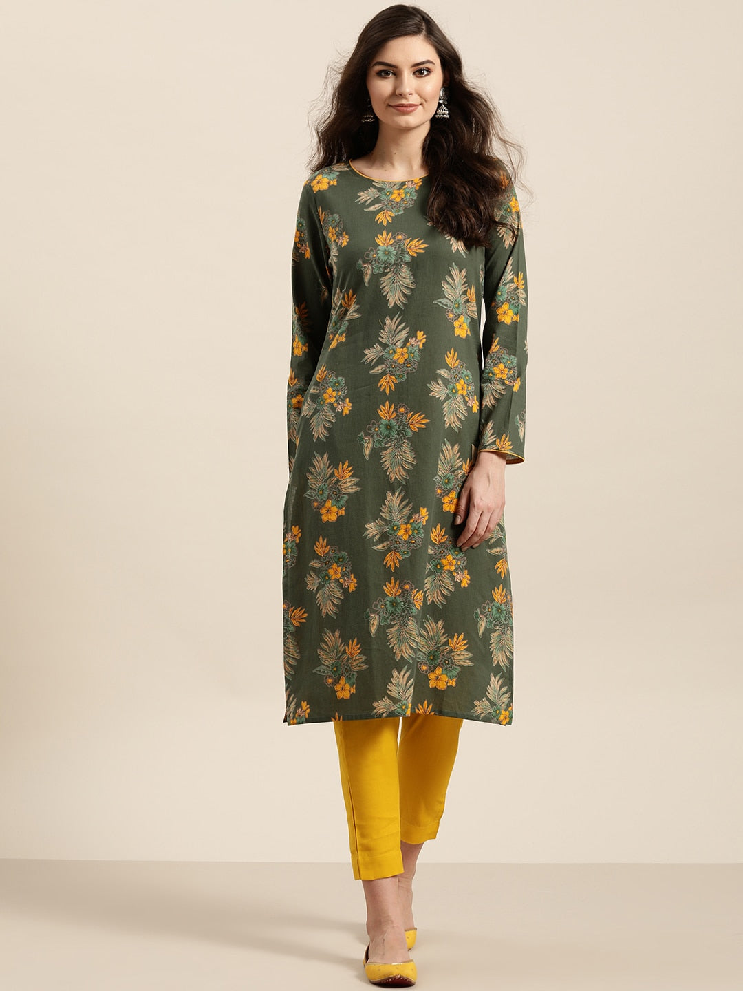 Sangria Women Olive Green & Mustard Yellow Pure Cotton Floral Printed Kurta - Distacart