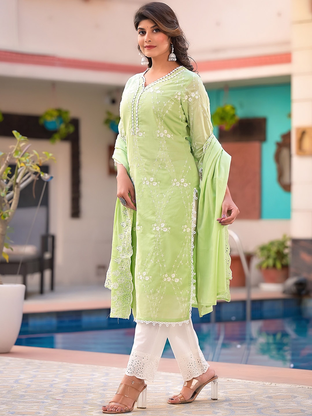 Sangria Green Embroidered Pure Cotton Straight Kurta With Trouser & Dupatta - Distacart