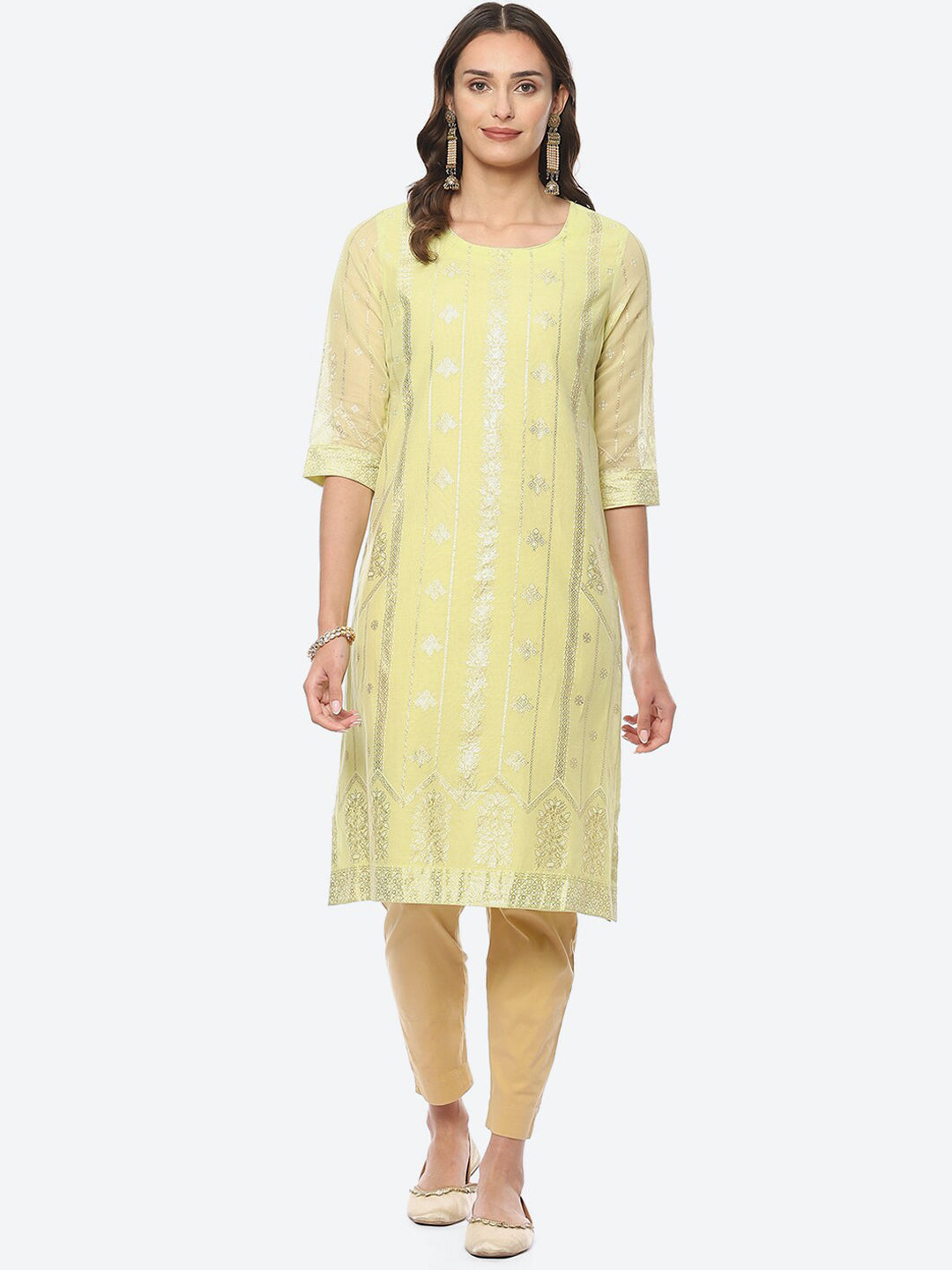 Biba Women Ethnic Motifs Foil Print Chanderi Cotton Straight Fit Kurta - Distacart