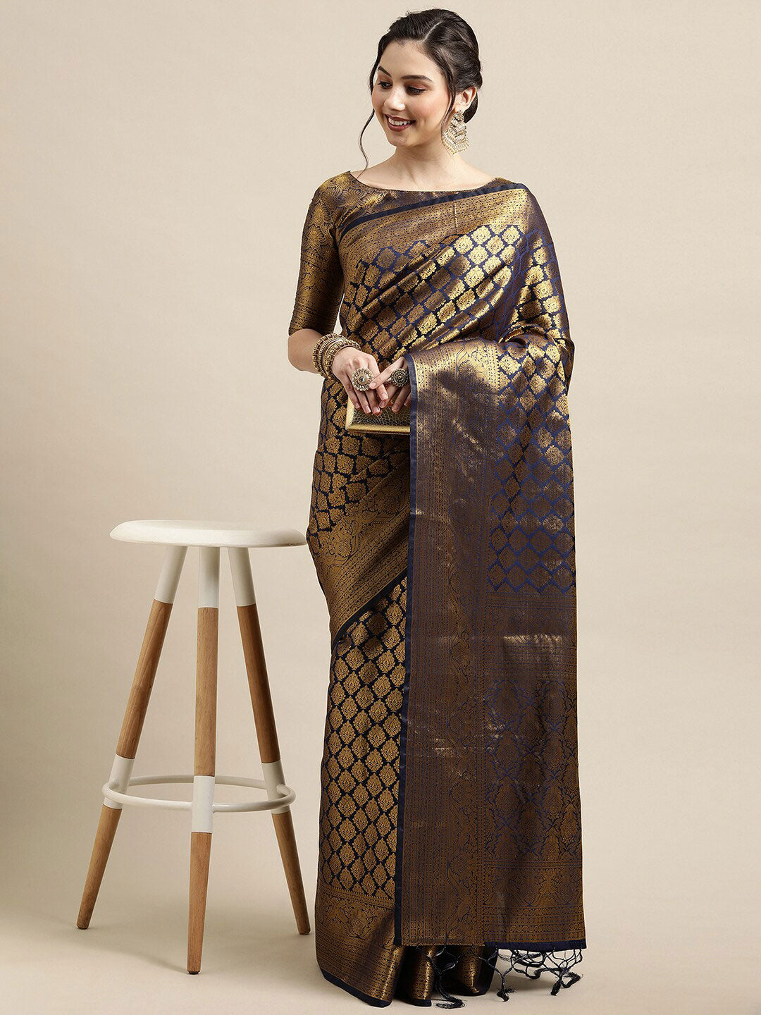 Saree Mall Navy Blue & Gold-Toned Ethnic Motifs Zari Silk Blend Banarasi Saree - Distacart