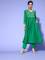 Thumbnail for Sangria Women Green Yoke Design Empire Kurta with Trousers - Distacart