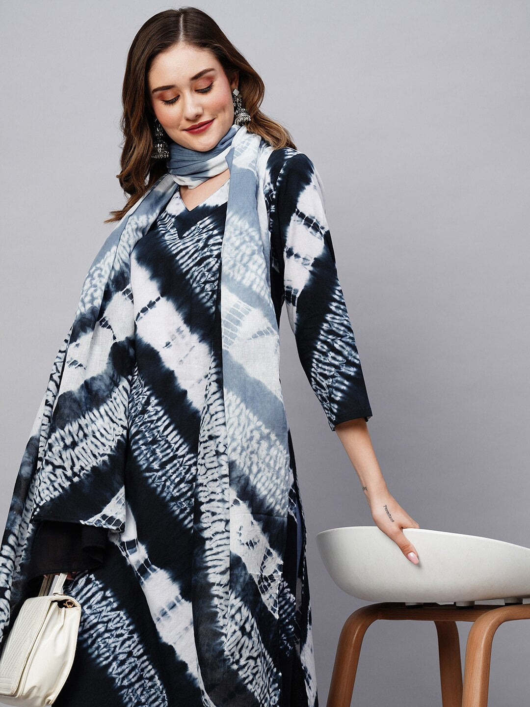 Kalini Tie & Dyed V- Neck Kurta & Trousers With Dupatta - Distacart