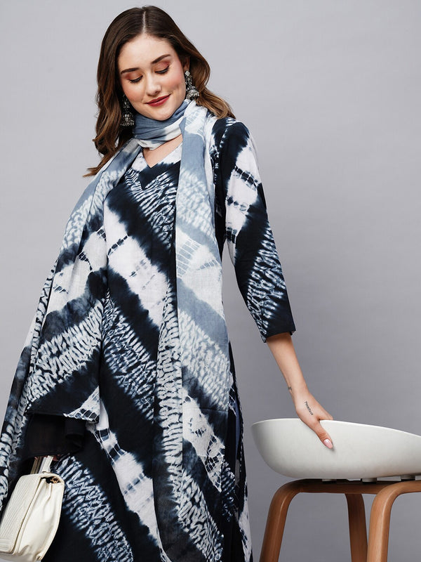 Kalini Tie & Dyed V- Neck Kurta & Trousers With Dupatta - Distacart