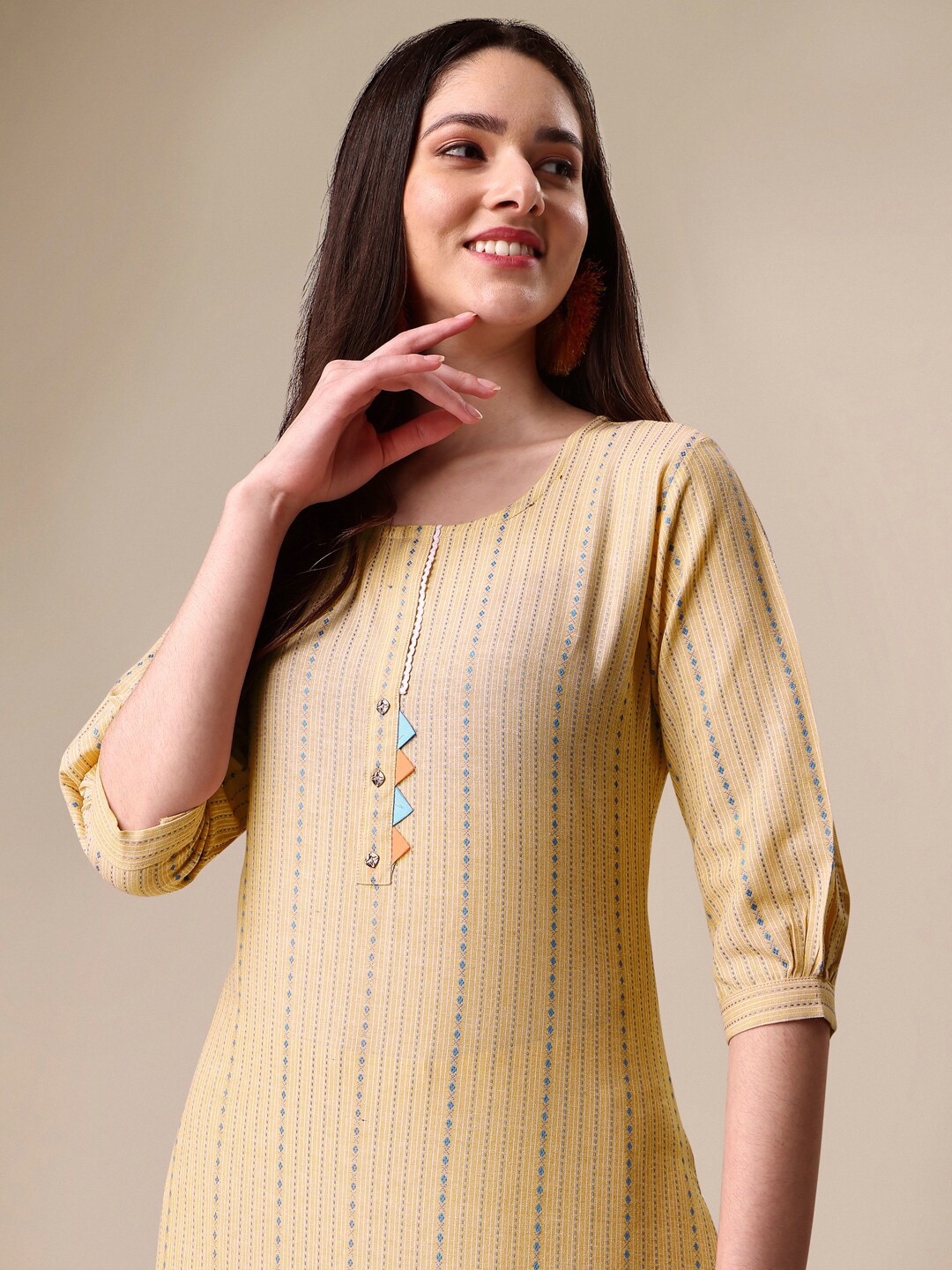 Kalini Women Woven Striped Thread Work Kurta with Trousers - Distacart