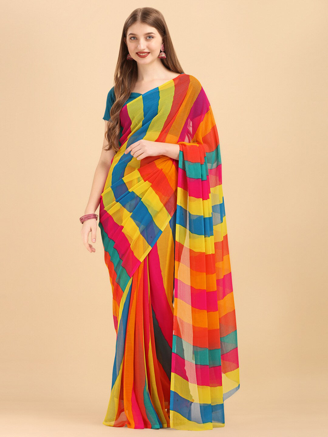 Sangria Yellow & Turquoise Blue Colourblocked Pure Chiffon Saree - Distacart