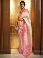 Thumbnail for Mitera Cream-Coloured & Pink Paisley Silk Blend Banarasi Saree - Distacart