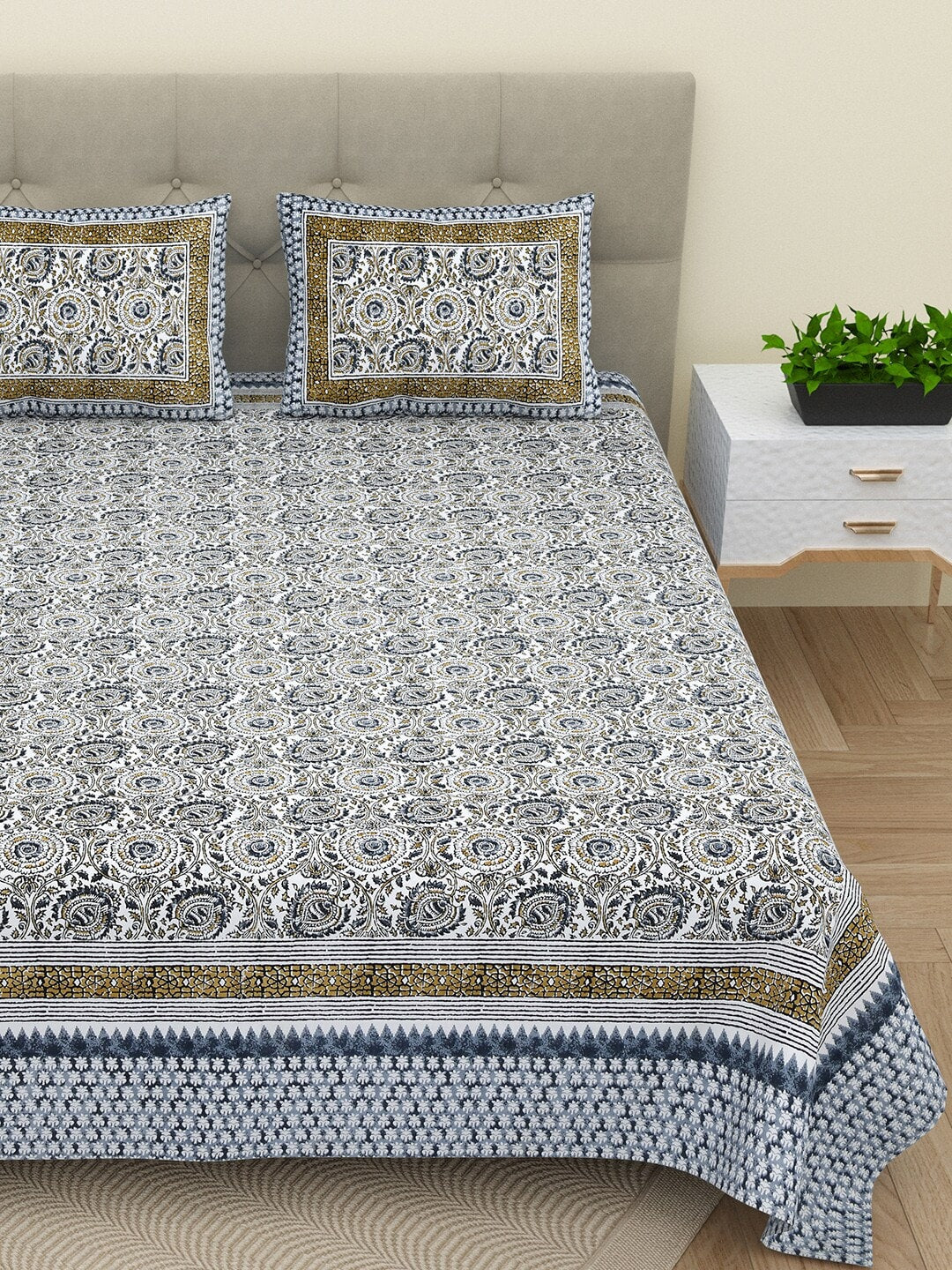 BELLA CASA Ethic White & Blue Printed Cotton 180 TC King Bedsheet with 2 Pillow Covers - Distacart