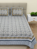 Thumbnail for BELLA CASA Ethic White & Blue Printed Cotton 180 TC King Bedsheet with 2 Pillow Covers - Distacart