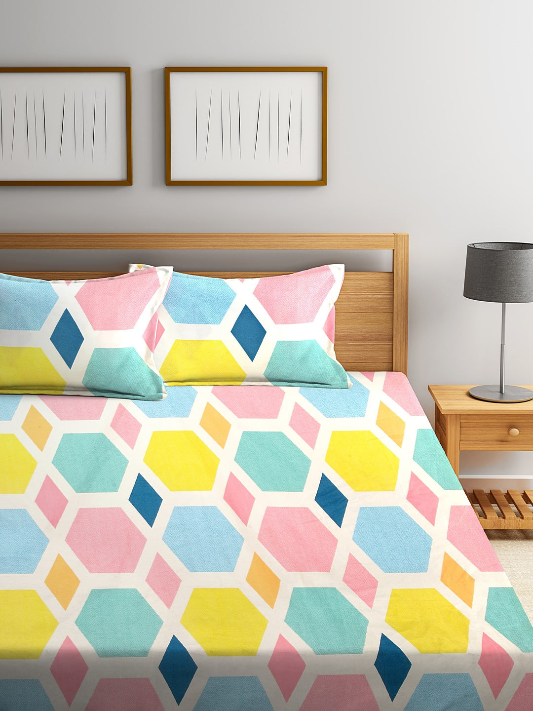 KLOTTHE Multicoloured Geometric 300 TC Fitted Double Bedsheet with 2 Pillow Covers - Distacart