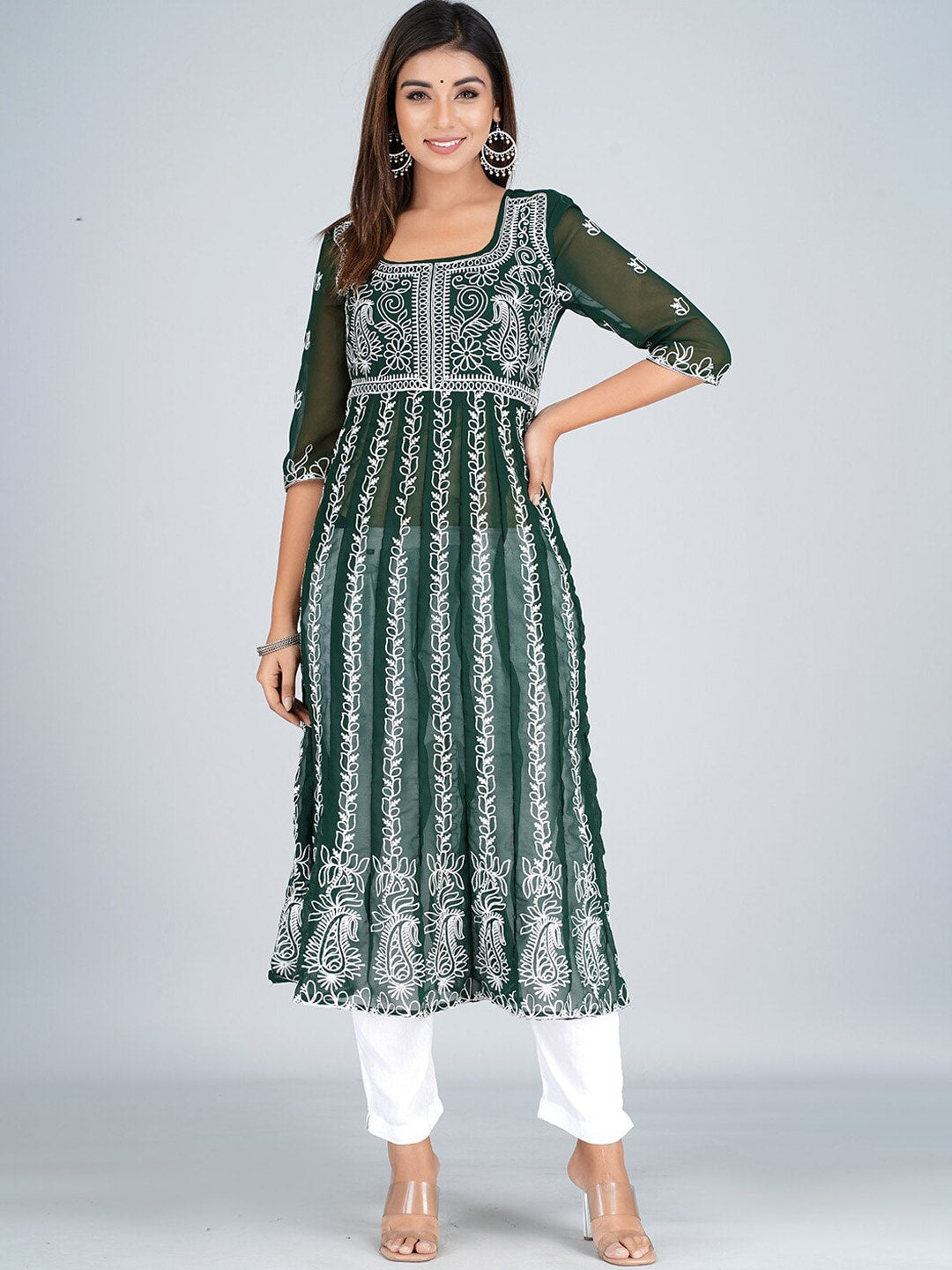 HERE&NOW Ethnic Motifs Embroidered Square Neck Georgette Anarkali Kurta - Distacart