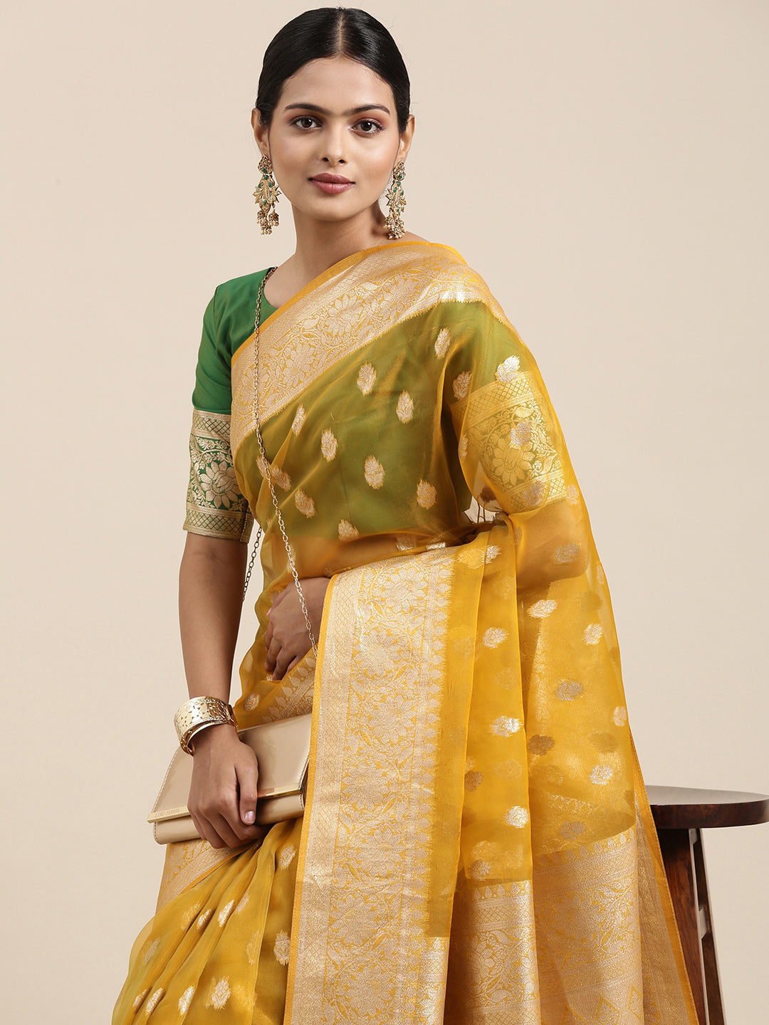 Saree Mall Mustard Ethnic Motifs Zari Organza Banarasi Saree - Distacart