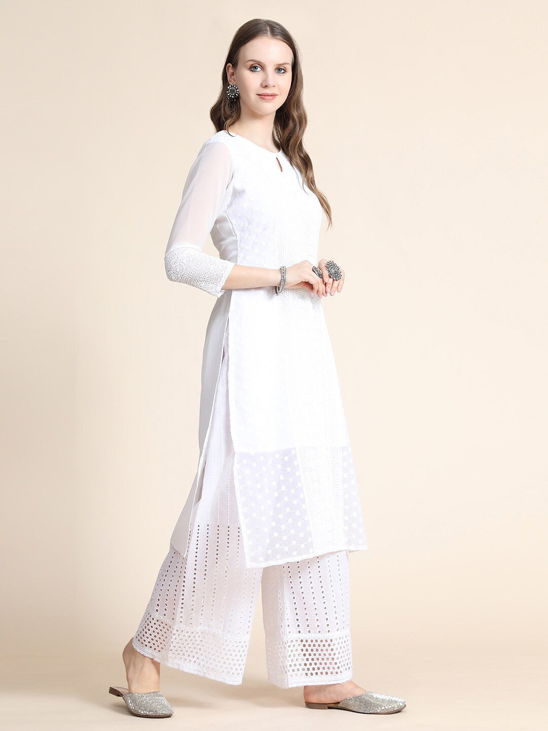 Kalini Women White Ethnic Motifs Embroidered Georgette Kurta - Distacart
