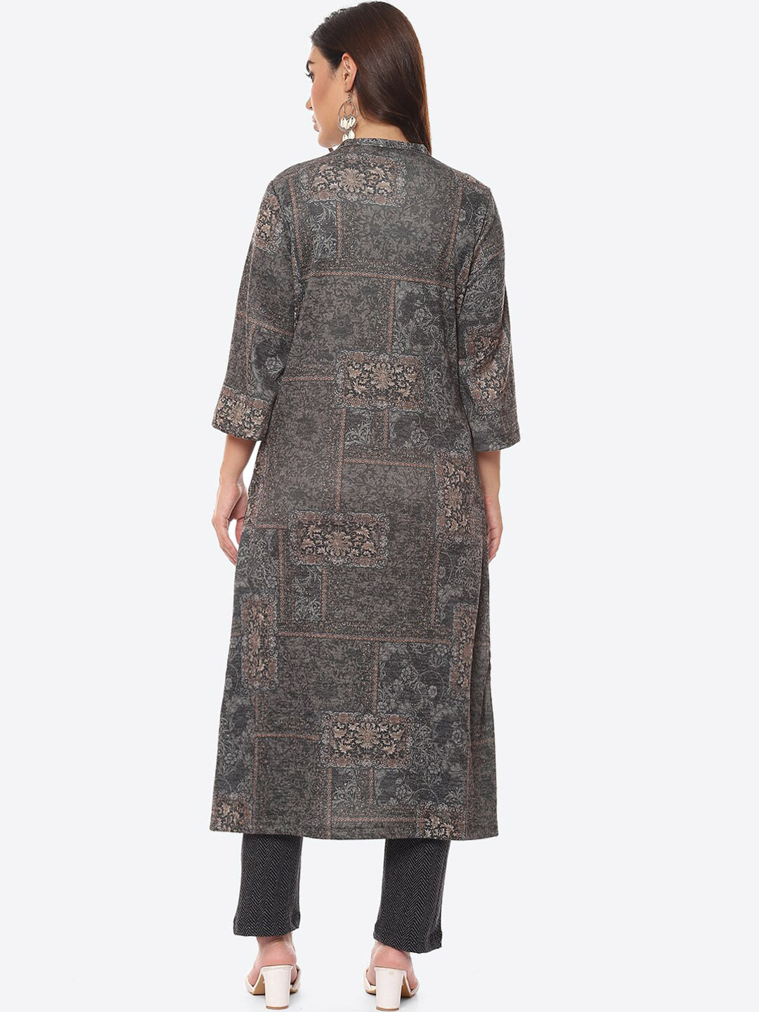 Biba Women Grey Floral Printed Straight Fit Kurta - Distacart