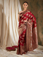 Thumbnail for Sangria Red Ethnic Motifs Woven Design Zari Banarasi Saree - Distacart