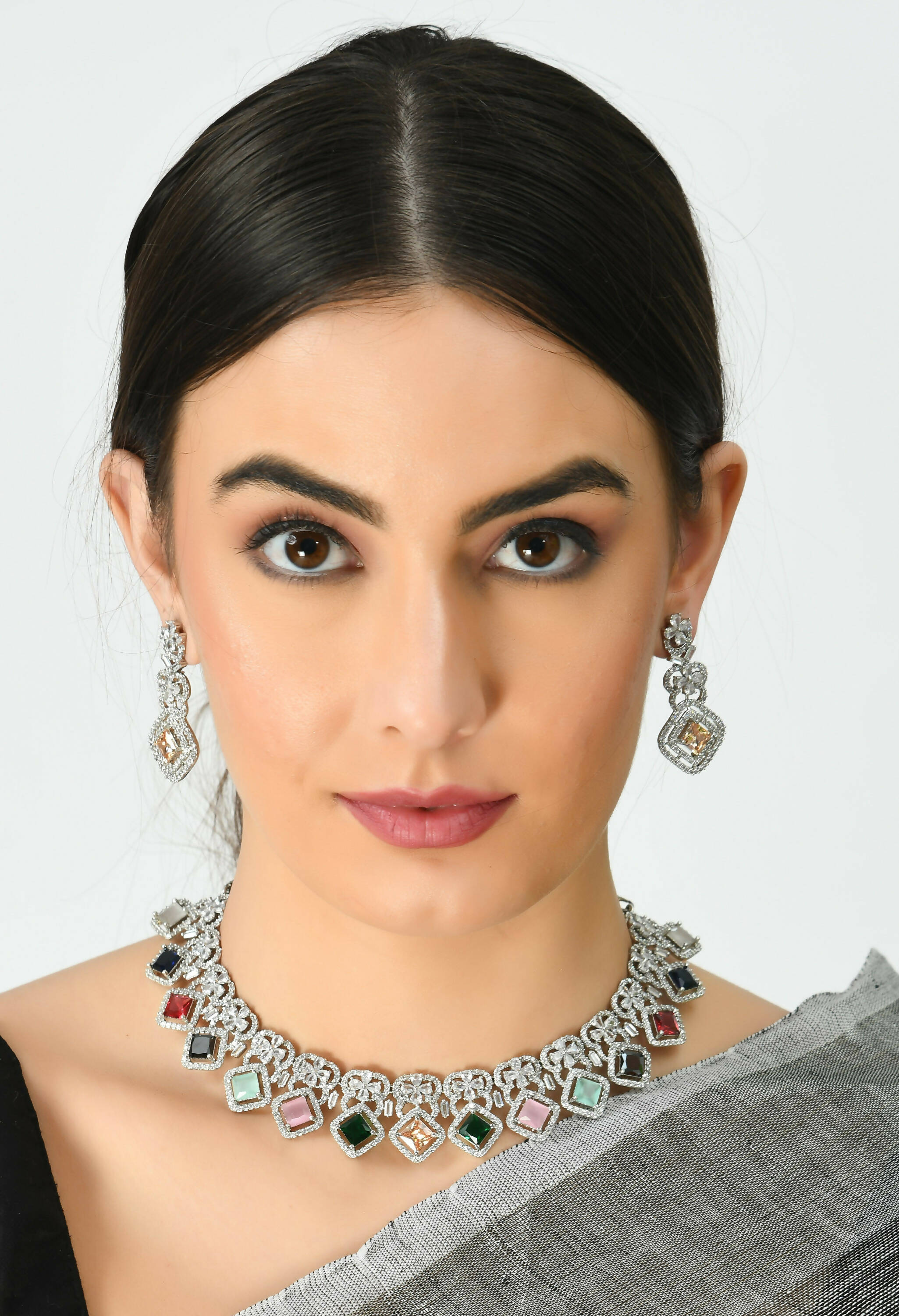 Mominos Fashion Johar Kamal Women Silver-Plated American Diamond Multi Colour Choker Set - Distacart