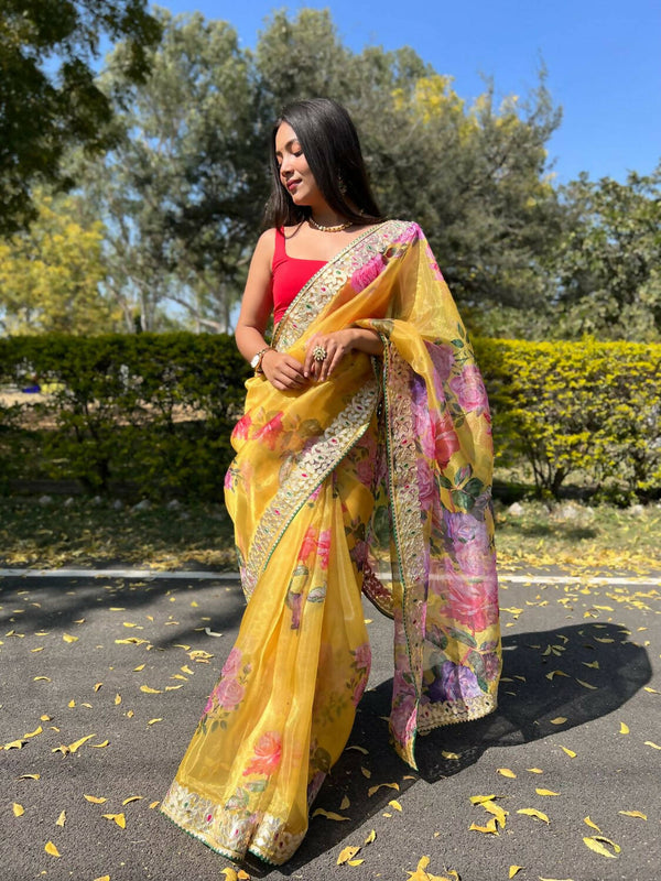 Vamsee Yellow Organza Saree - Distacart