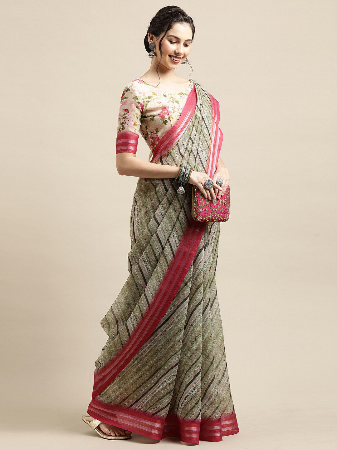 Saree Mall Olive Green & Pink Leheriya Linen Blend Saree - Distacart