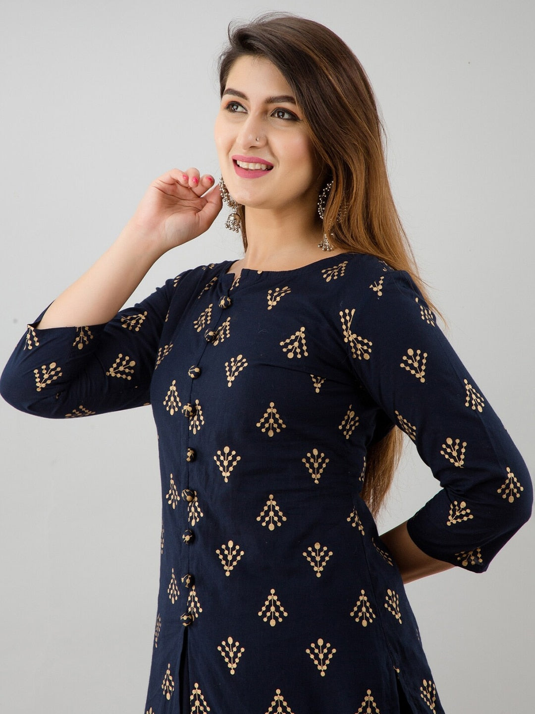 HERE&NOW Navy Blue & Gold-Toned Ethnic Motifs Printed Kurta with Skirt - Distacart