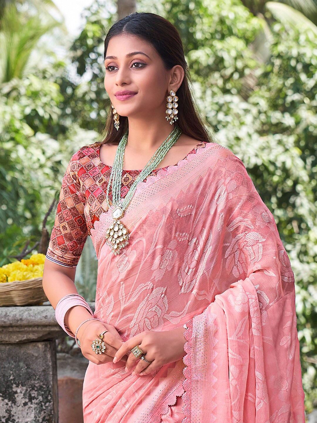 Saree Mall Floral Woven Design Pure Chiffon Beads & Stones Bagru Sarees - Distacart