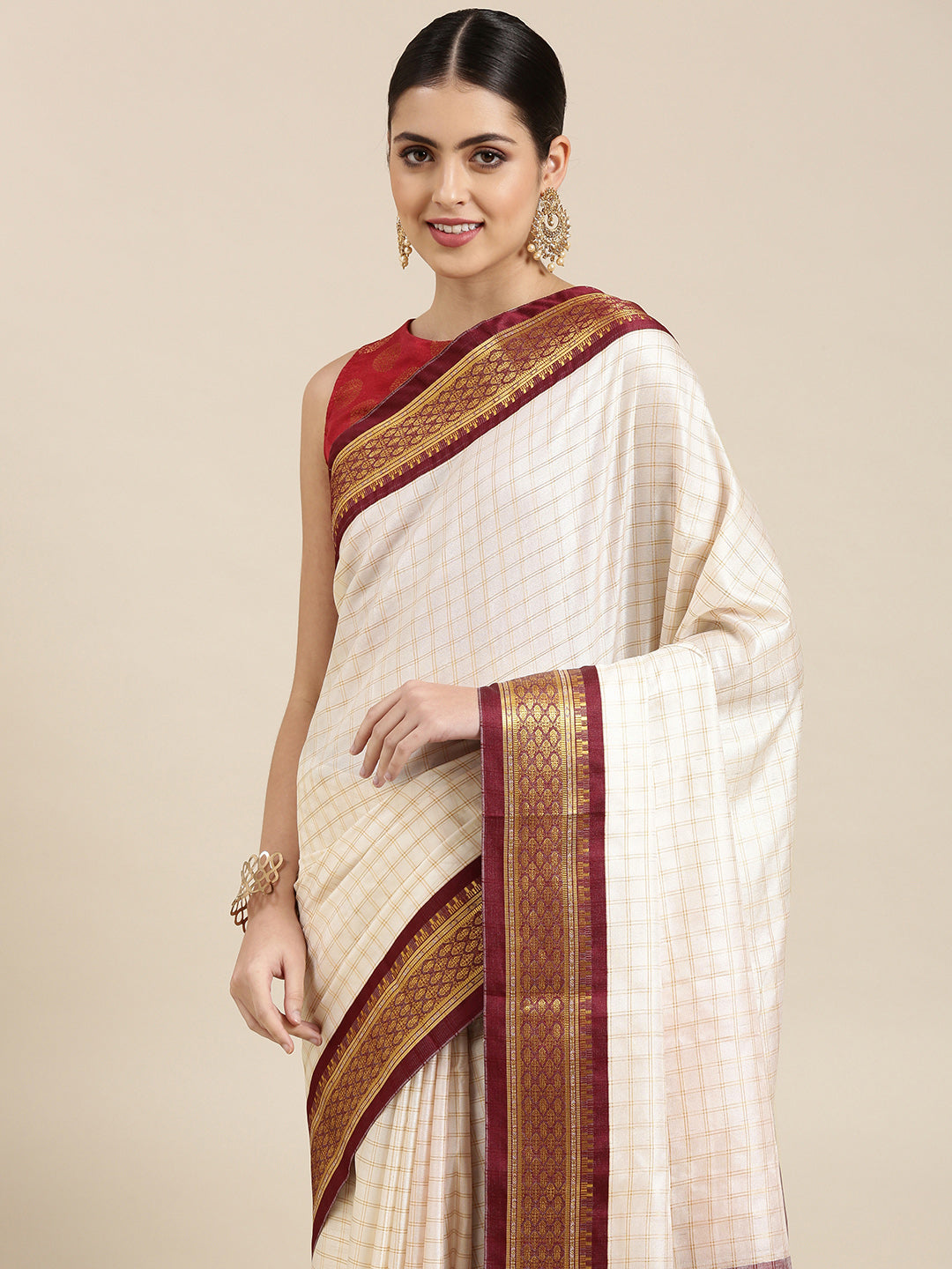 Kalini White & Maroon Checked Zari Silk Cotton Saree - Distacart