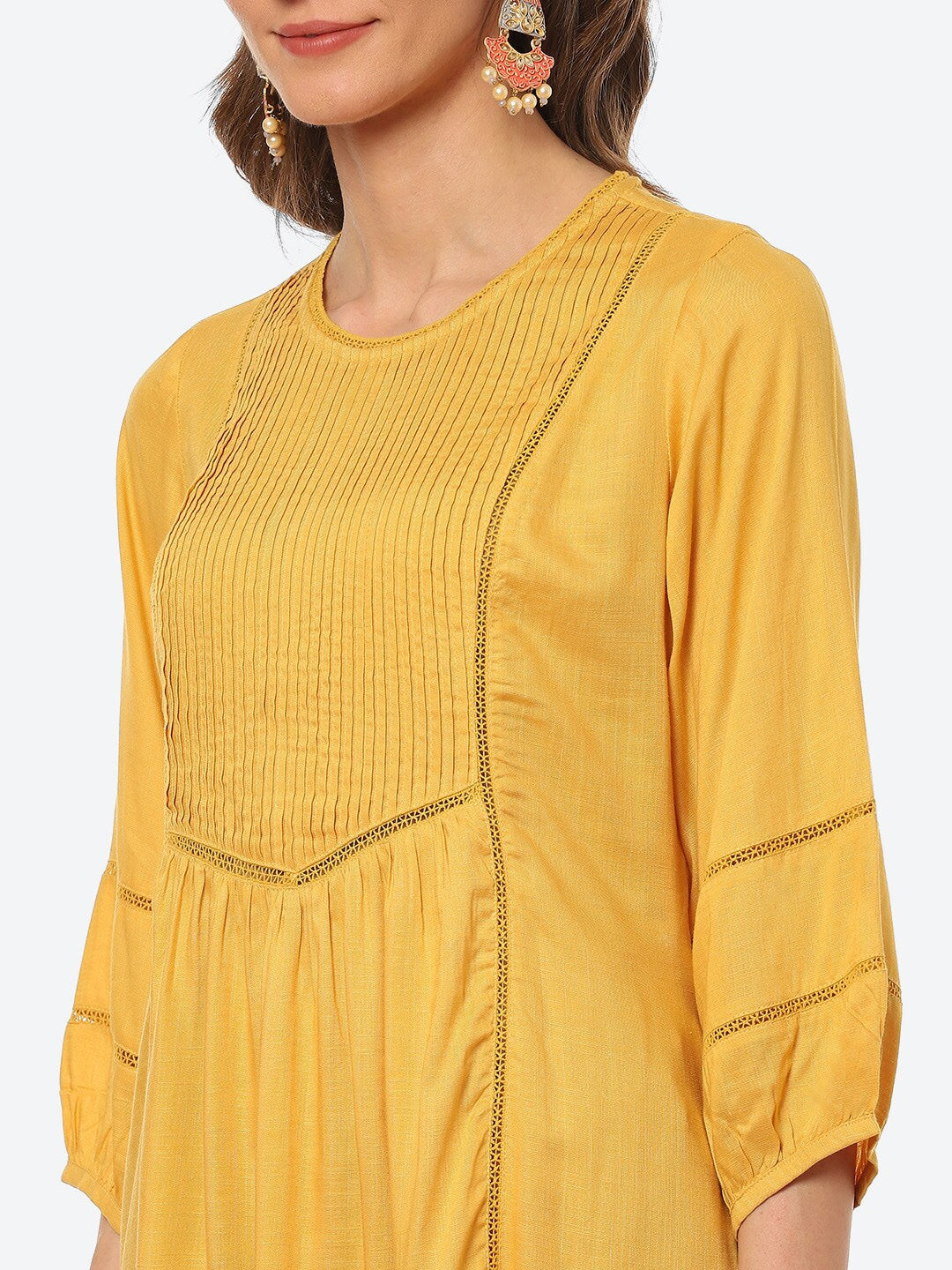 Biba Women Yellow Pleated And Panelled Puff Sleeves Kurti - Distacart