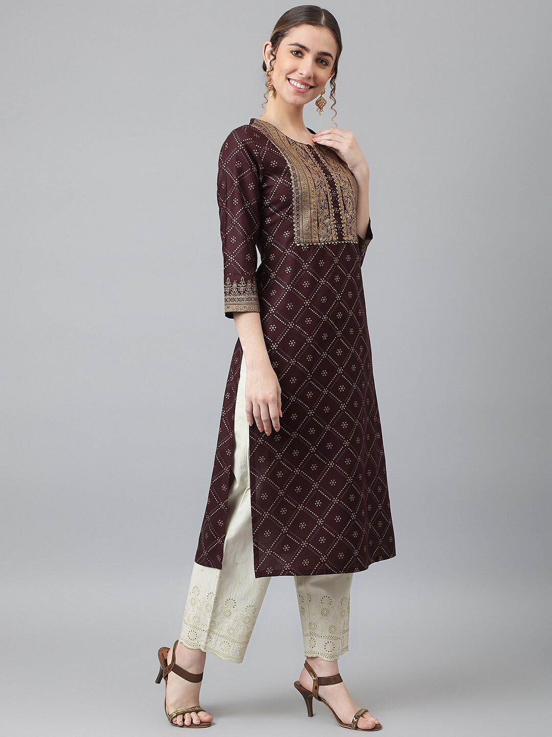 Khushal K Women Brown & Gold-Toned Ethnic Motifs Printed Straight Kurta - Distacart